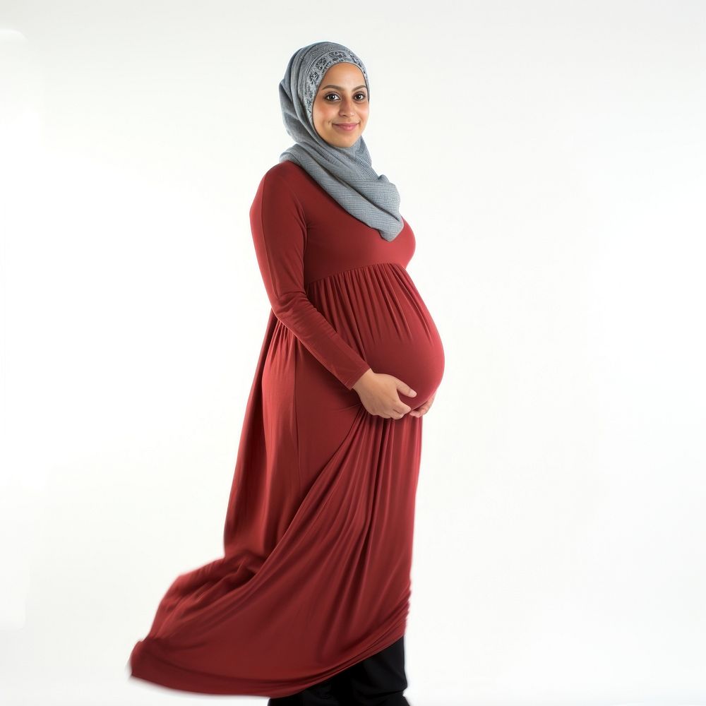 Full body of pregnant middle east woman fashion sleeve dress.