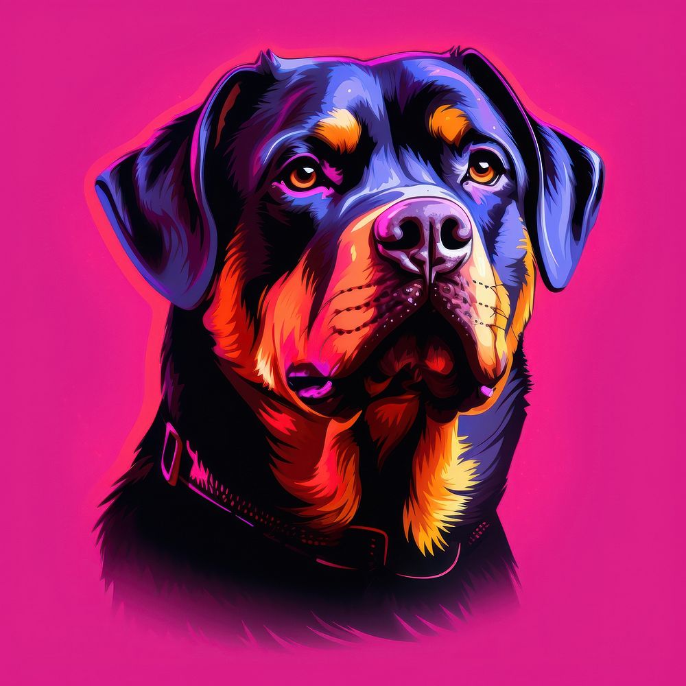 Illustration fierce Rottweiler neon rim light purple rottweiler portrait.