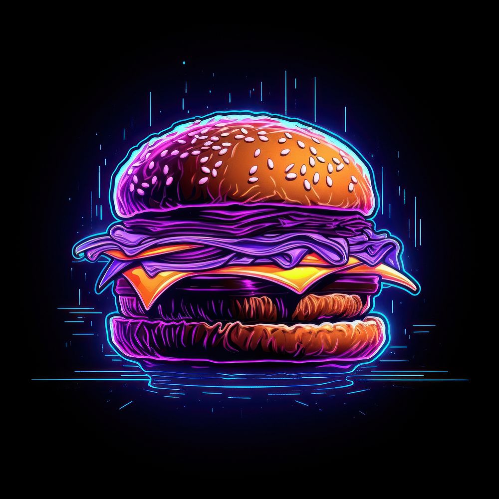 Illustration hamburger Neon rim light purple food neon.