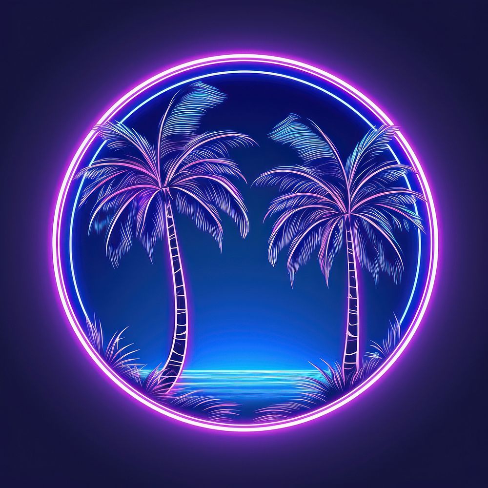 Illustration palm tree neon rim light purple nature night.