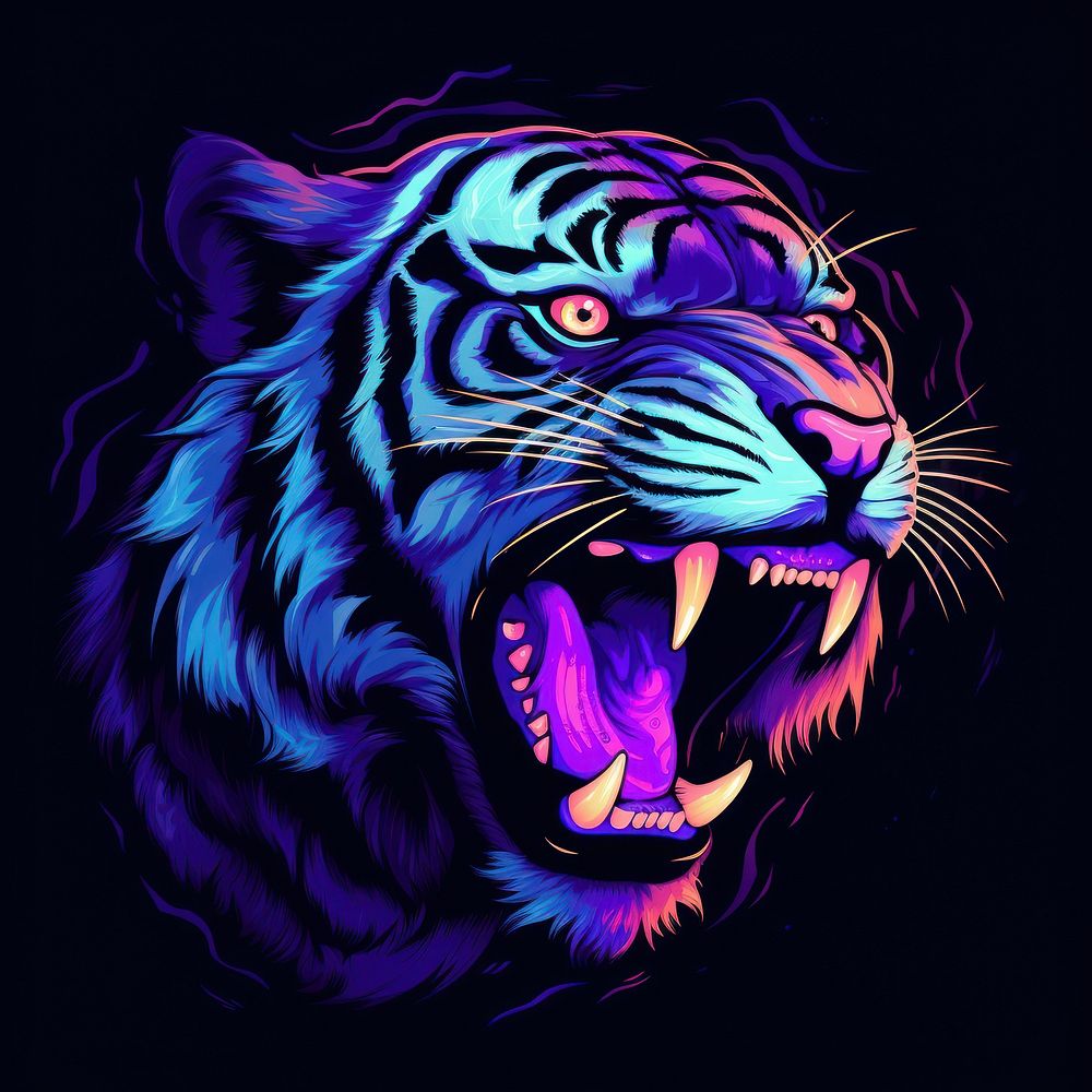 Illustration roaring tiger neon rim light purple wildlife animal.