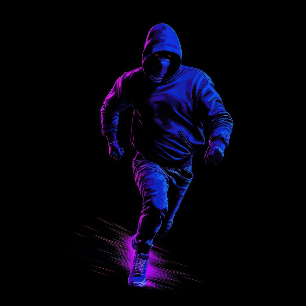 Illustration robber neon rim light purple silhouette running.
