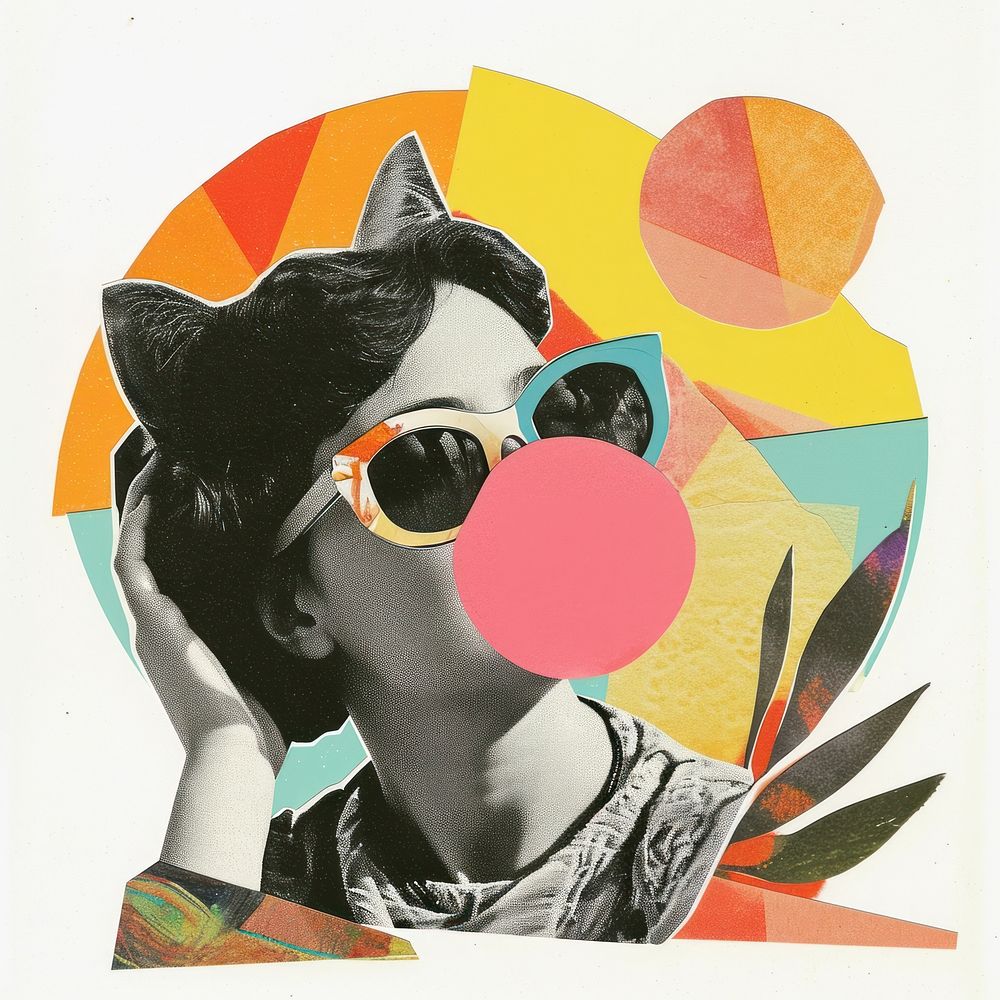Retro Collages whit a happy girl collage art sunglasses.