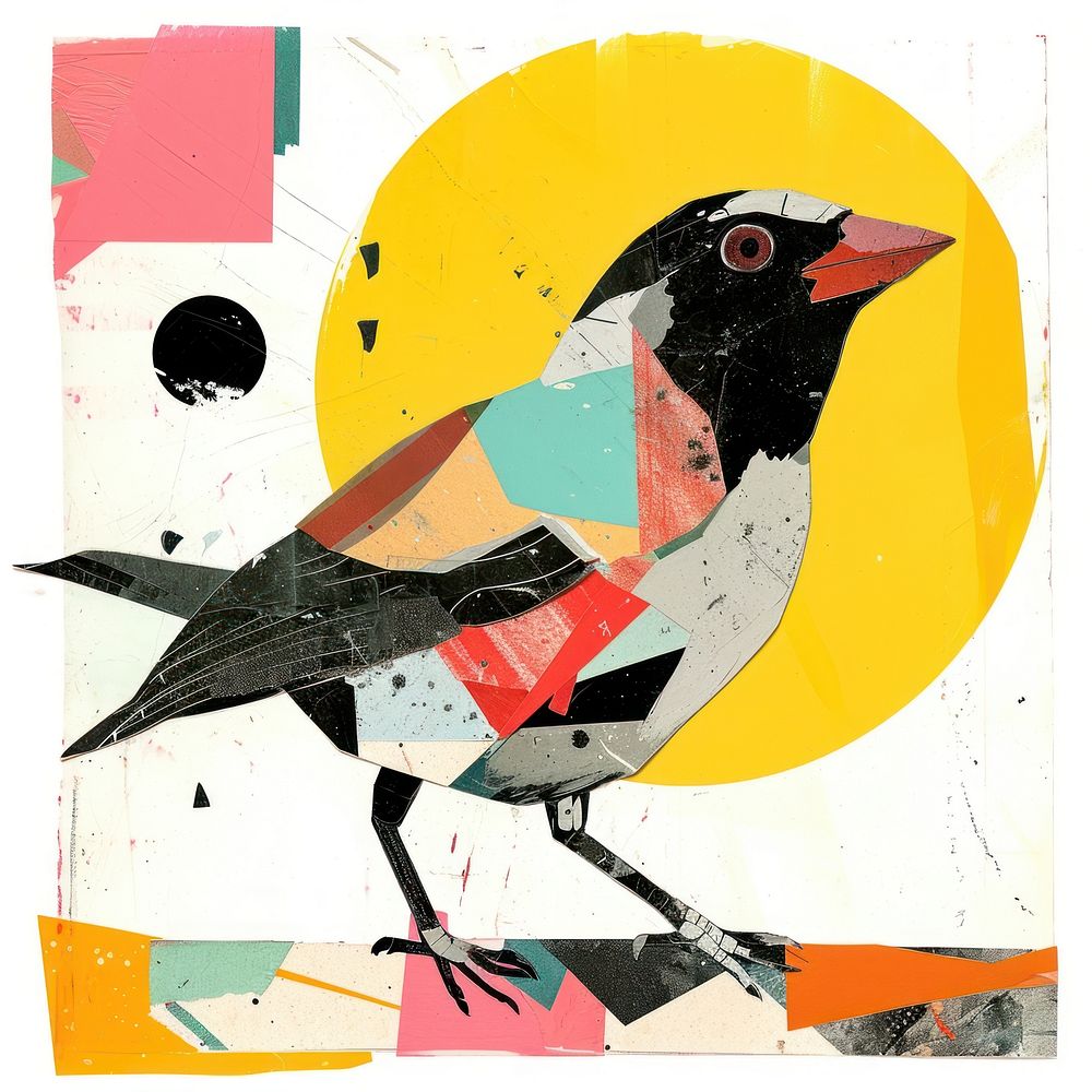 Retro Collages whit a happy bird collage art painting.