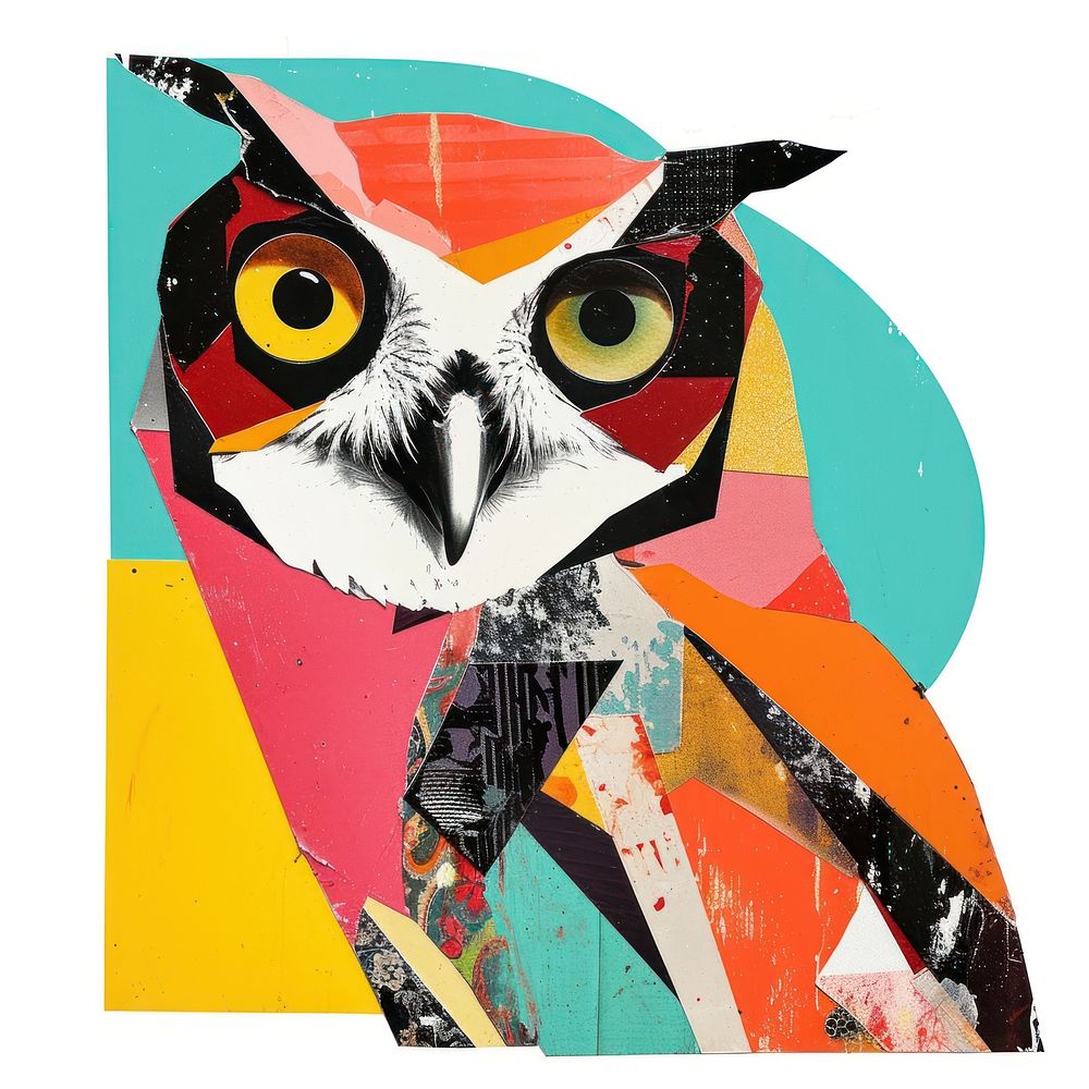 Retro Collages whit a happy owl collage art painting.