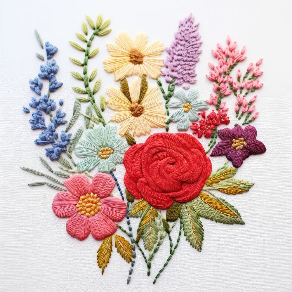 Bouquet of flowers in embroidery style pattern inflorescence arrangement.