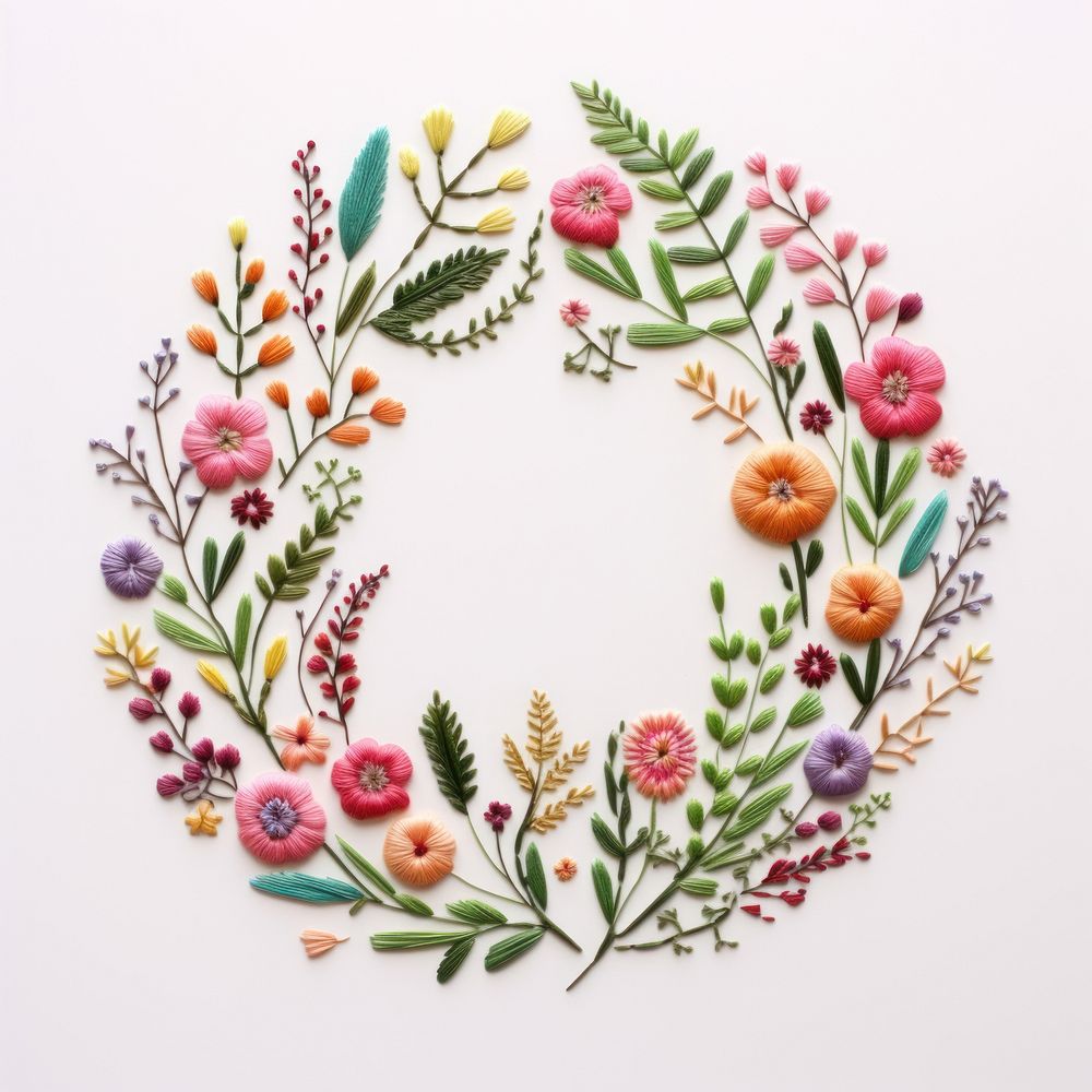 Floral wreath in embroidery style pattern art creativity.