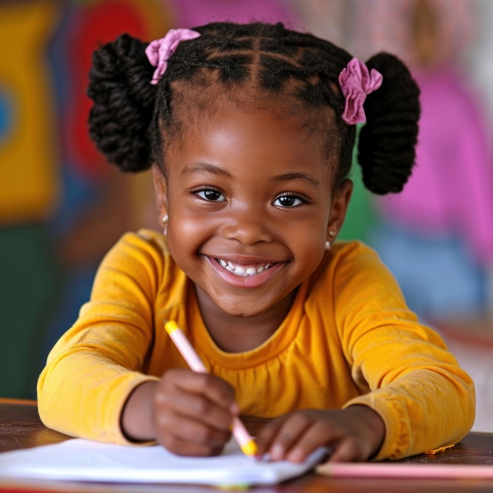 Cute little african american girl homework student smile.