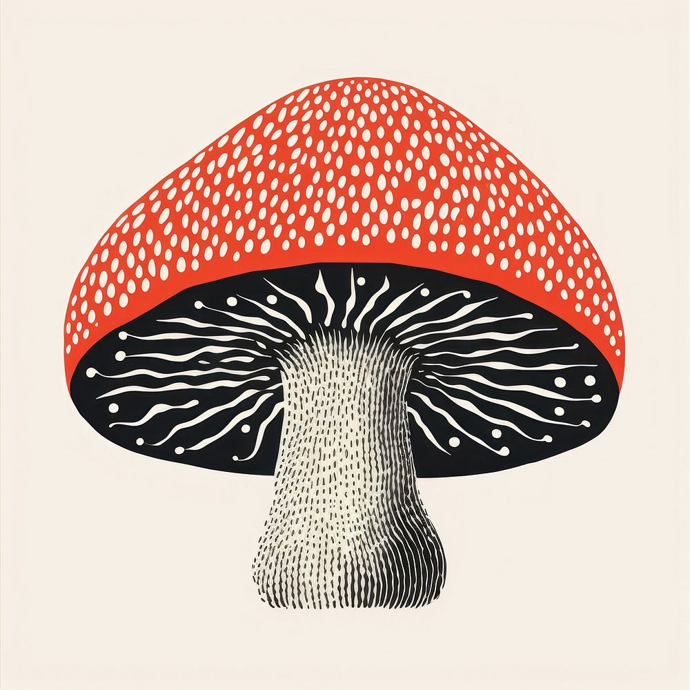 Silkscreen illustration of a mushroom agaric fungus art.
