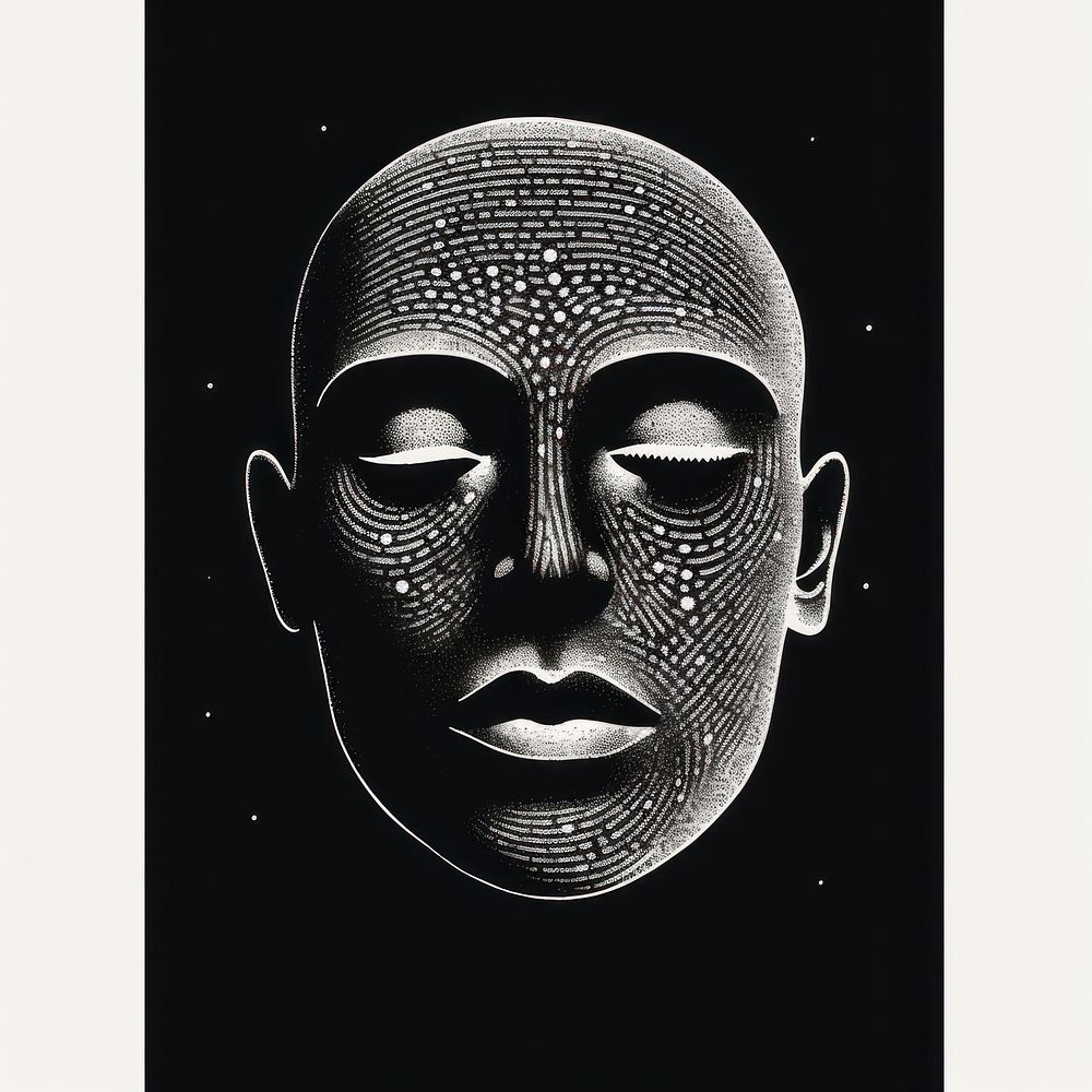 Silkscreen illustration of a man head portrait black mask.