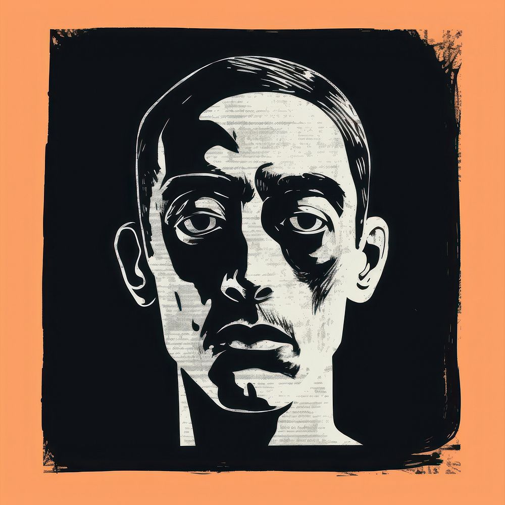 Silkscreen illustration of a man head portrait adult black.