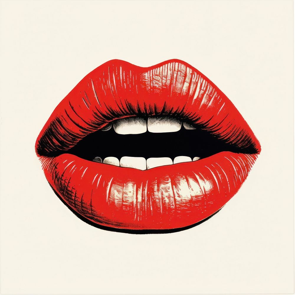 Silkscreen illustration of a mouth lipstick red moustache.