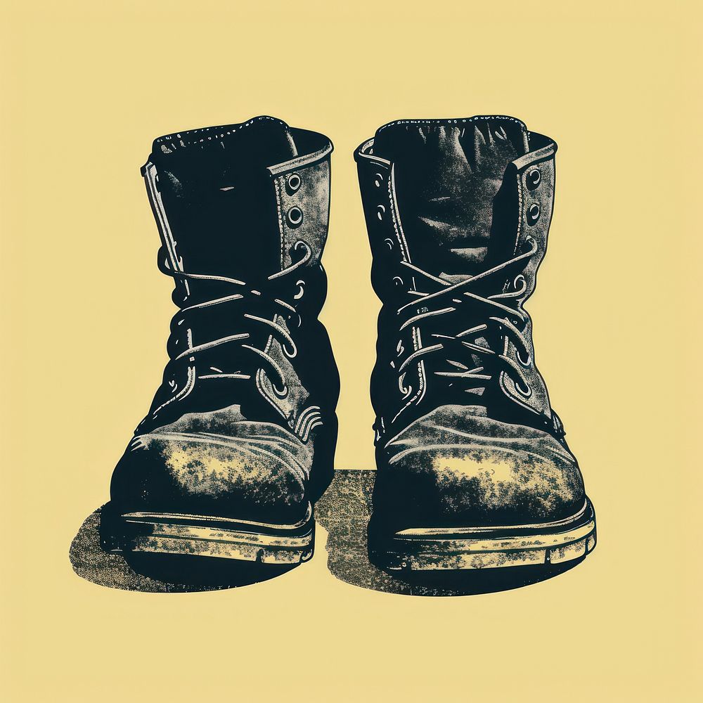 Silkscreen illustration of a pair of chunky boot footwear black shoe.