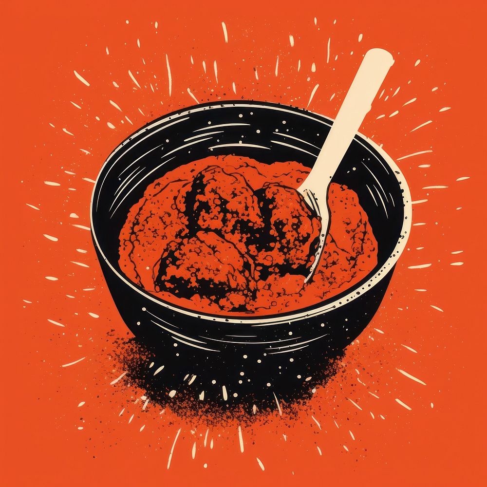 Silkscreen illustration of Chicken tikka masala bowl food red.