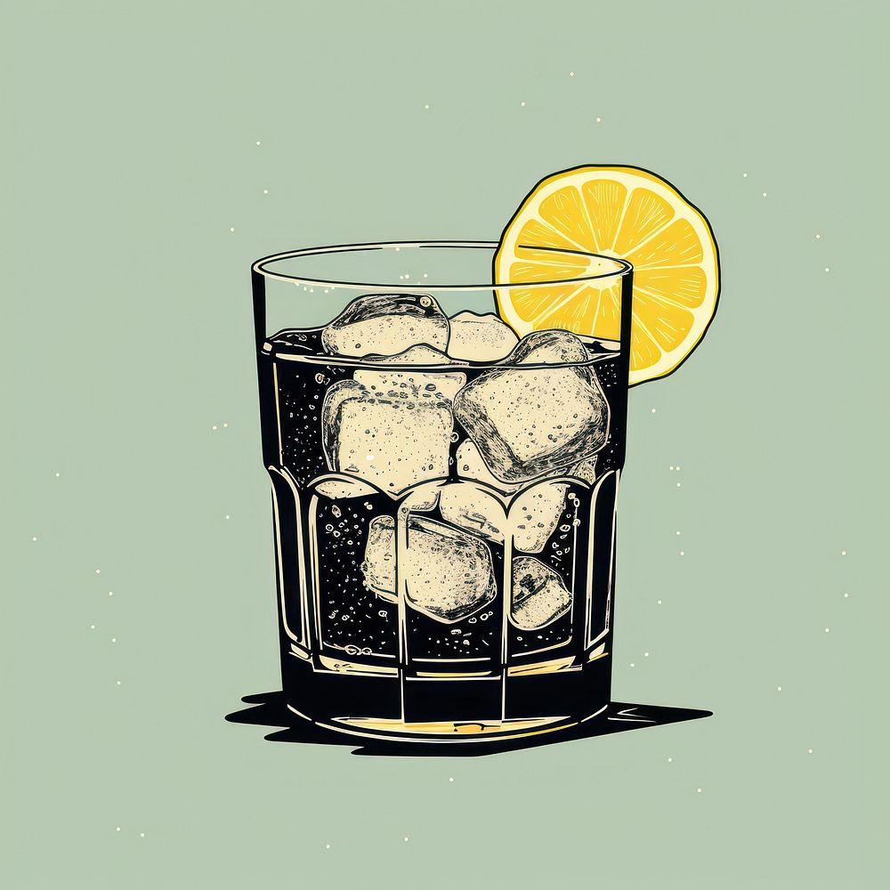 Silkscreen illustration of gin and tonic drink fruit glass.