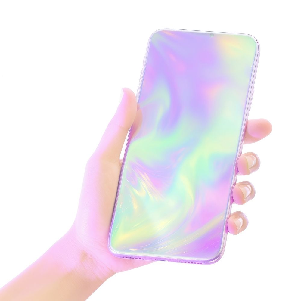A holography hand holding smart phone white background electronics technology.