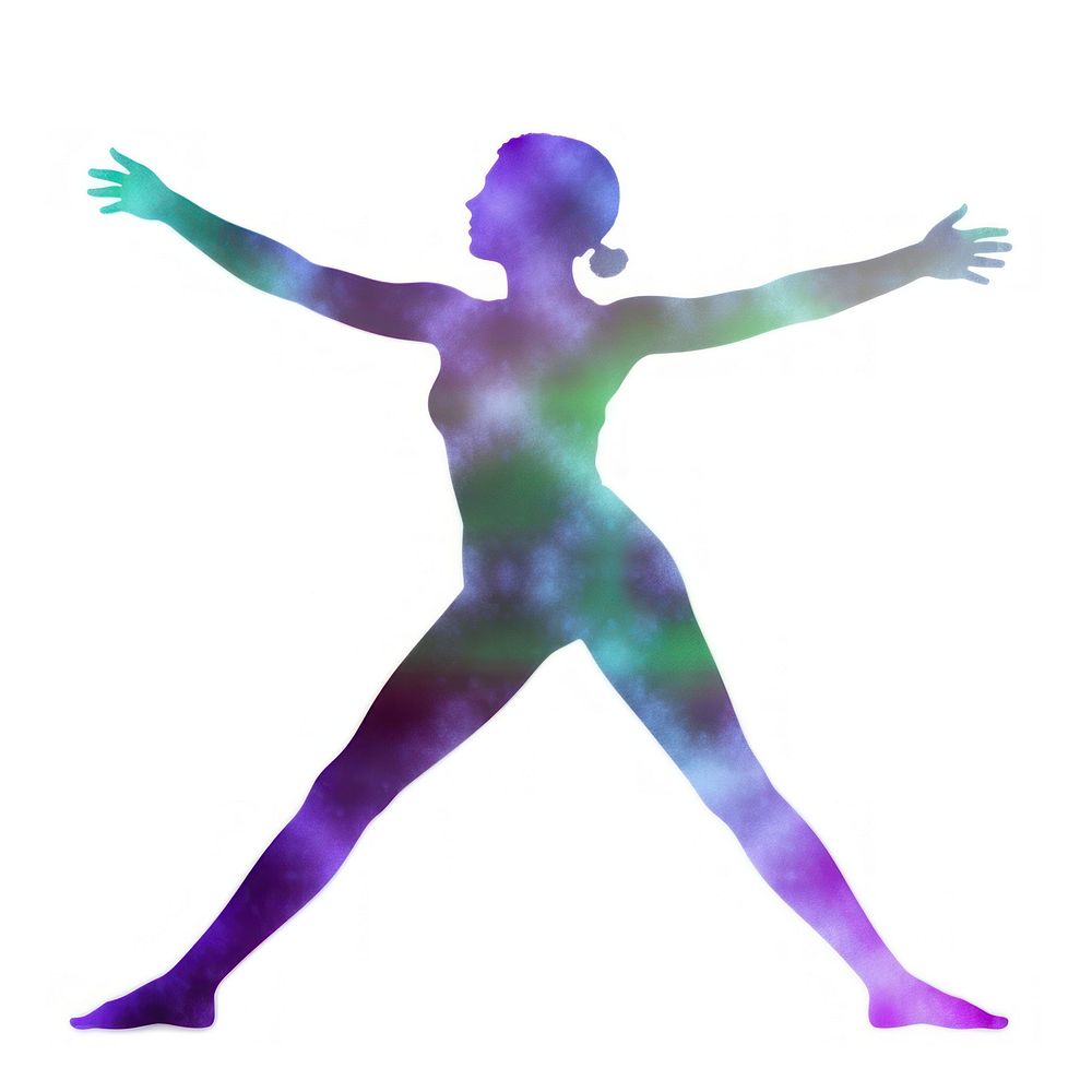 A holography woman doing yoga pose silhouette dancing purple white background.