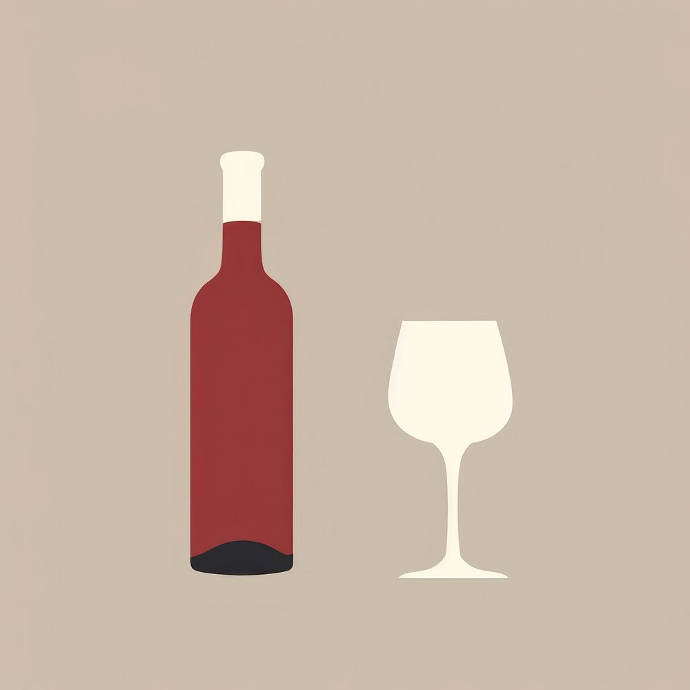 Illustration of a simple glass of wine and wine bottle drink refreshment drinkware.