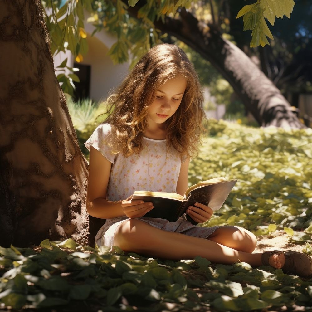 Young girl reading book sitting summer child. AI generated Image by rawpixel.