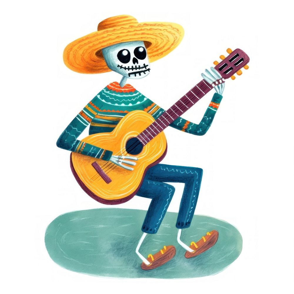 A mexican skeleton playing guitar sombrero white background representation.