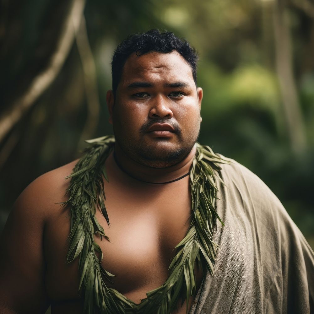 A chubby Micronesian male in traditional cloth adult tribe barechested.