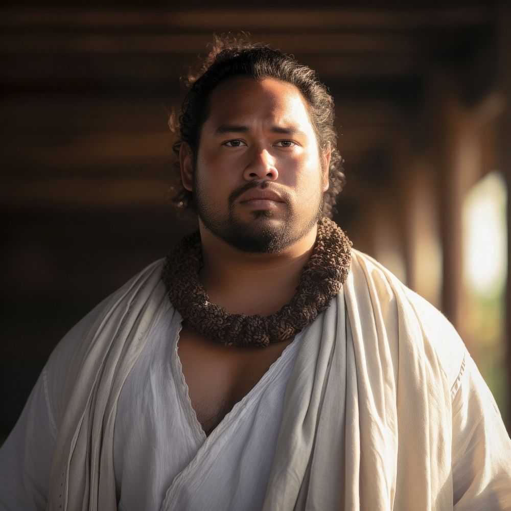 A chubby Micronesian male in traditional cloth portrait adult beard.