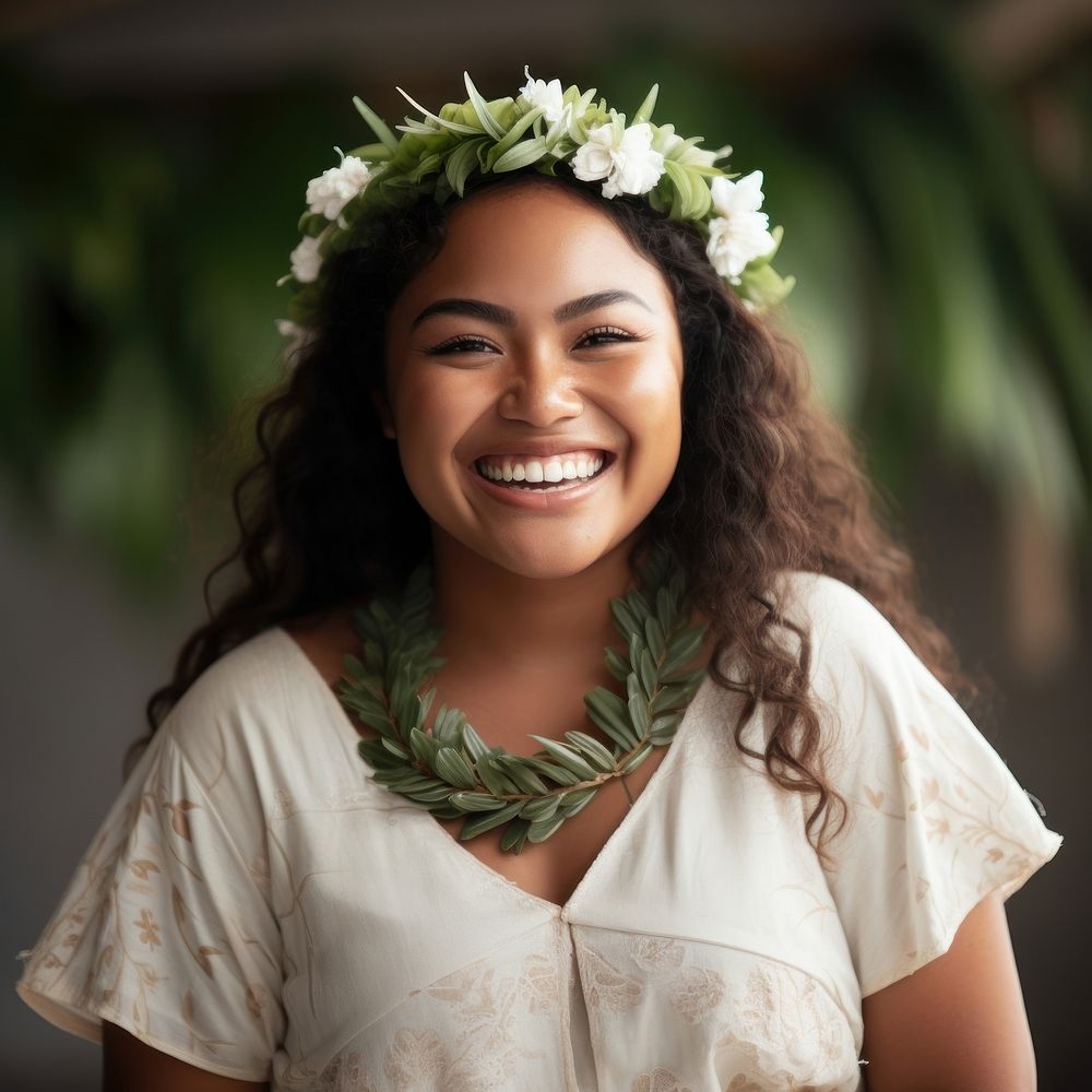 A chubby Micronesian woman in happy mood necklace adult smile.
