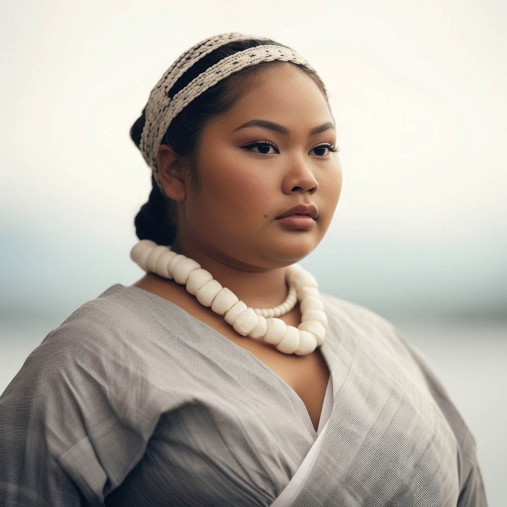 A chubby Micronesian woman in traditional cloth necklace portrait jewelry.
