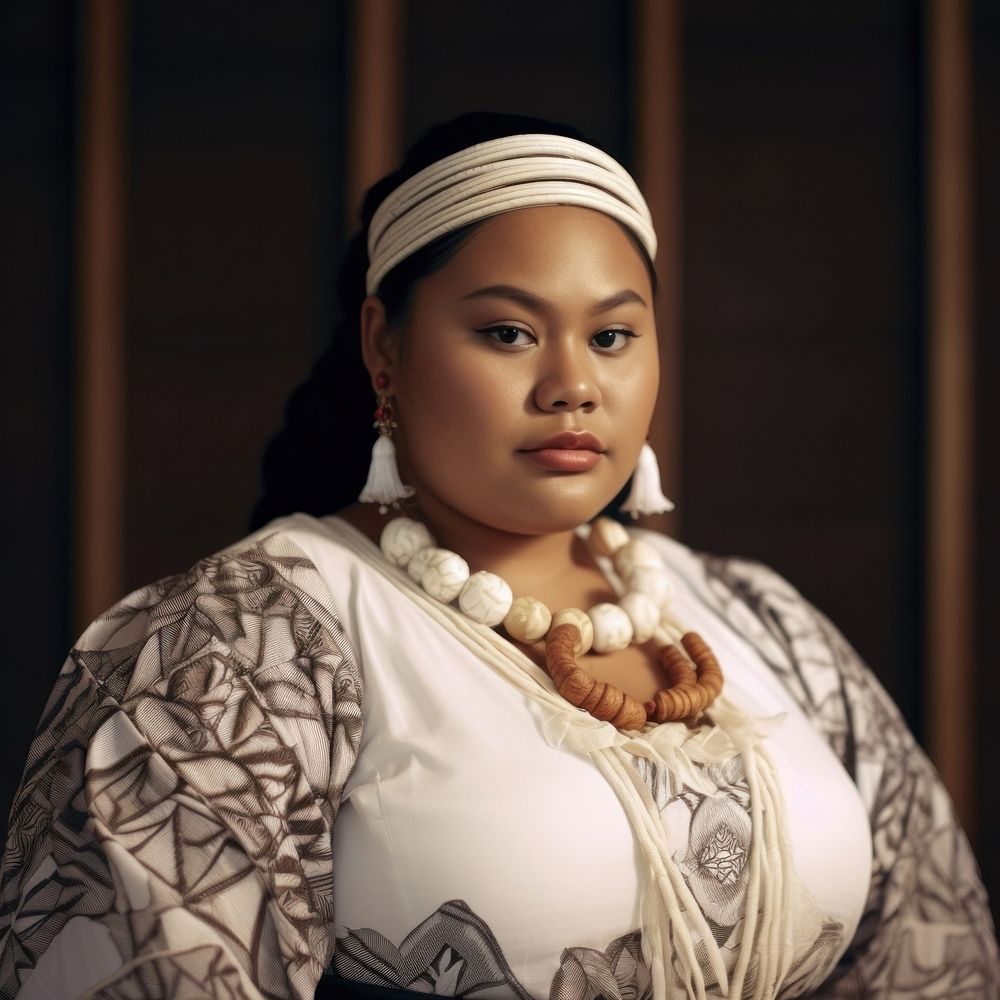 A chubby Micronesian woman in traditional cloth portrait necklace jewelry.