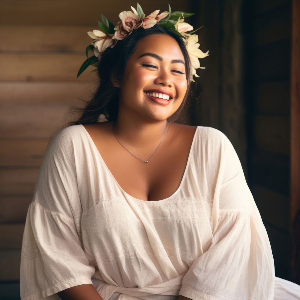 A chubby Micronesian woman in happy mood laughing smile adult.