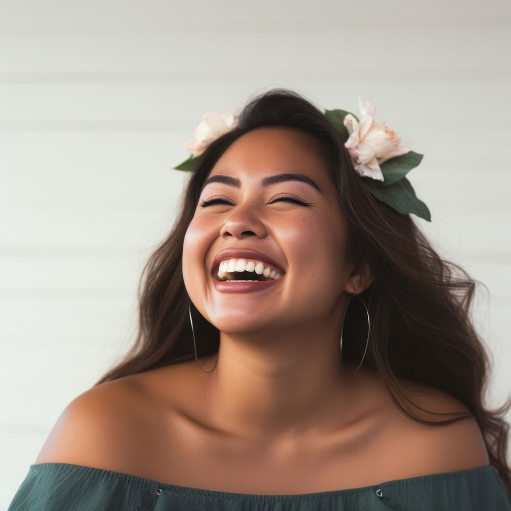 A chubby Pacific Islander woman in happy mood laughing smile adult.