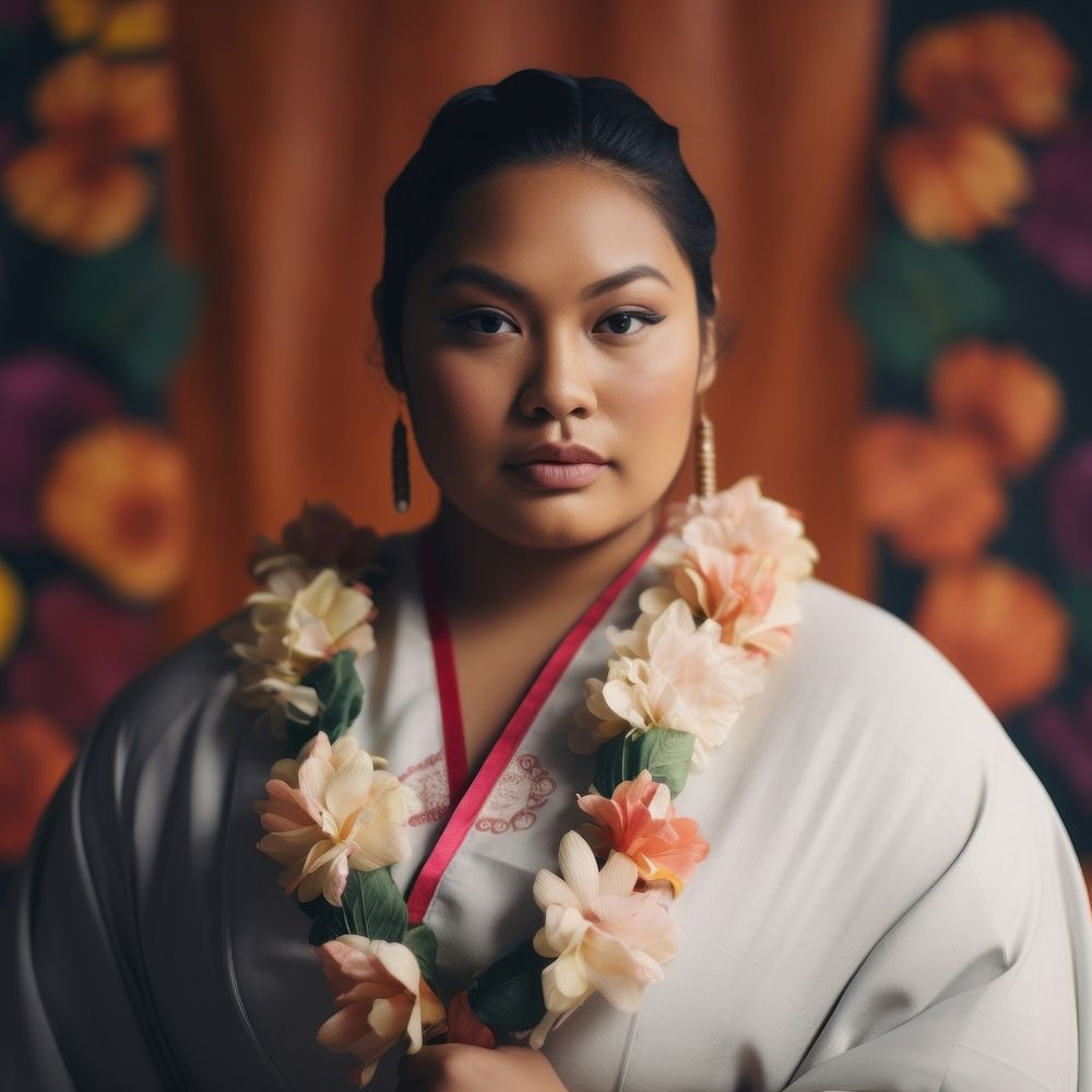 A chubby Pacific Islander woman in traditional cloth portrait flower adult.