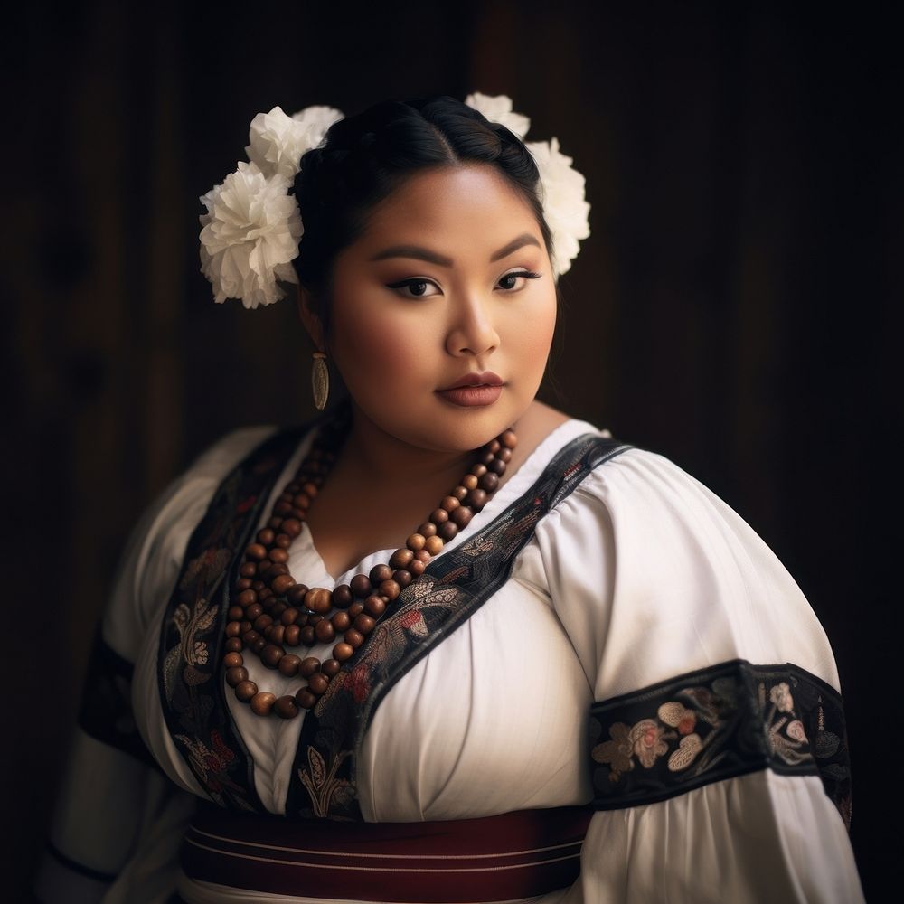 A chubby Pacific Islander woman in traditional cloth necklace portrait jewelry.