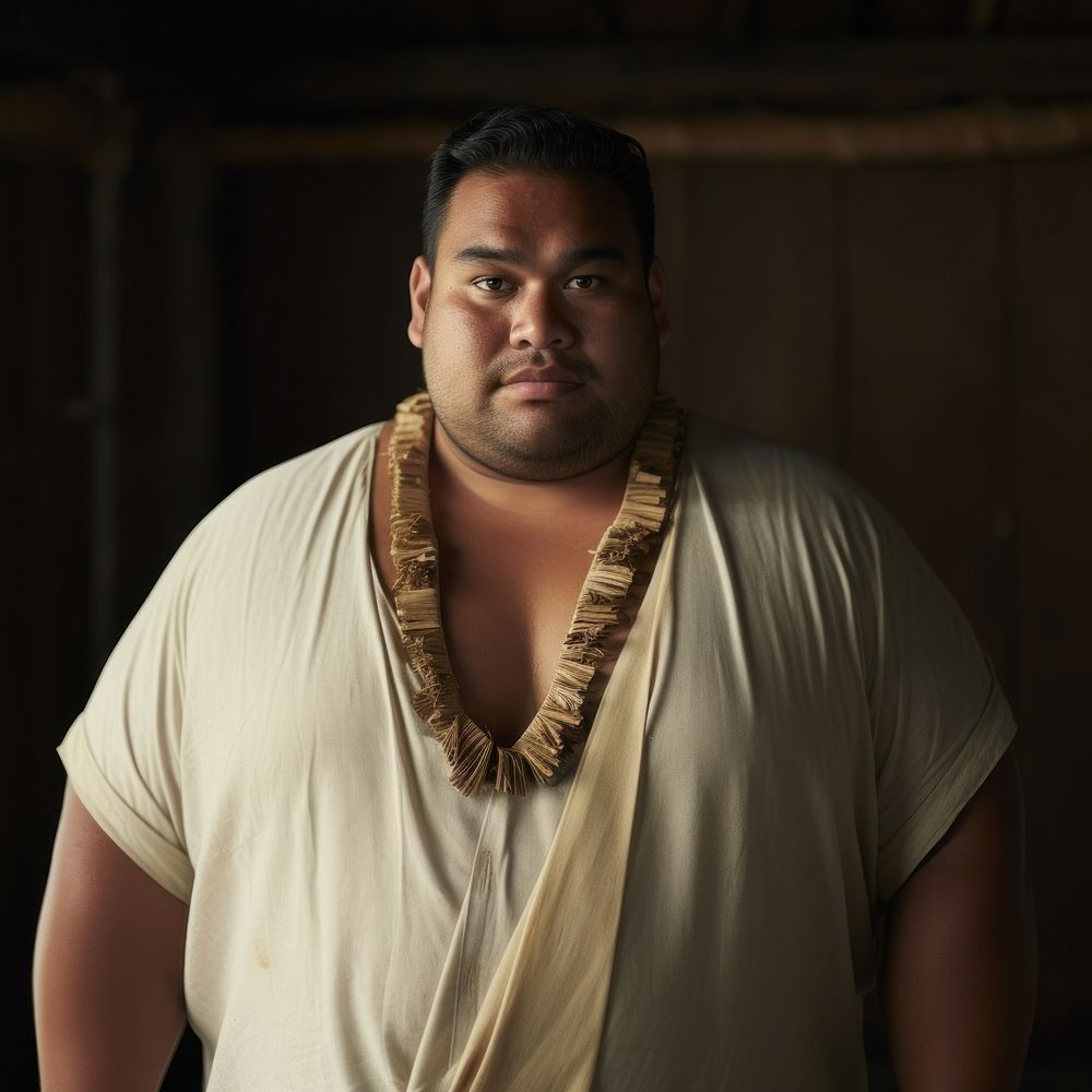 A chubby Tonga male in traditional cloth portrait necklace adult.