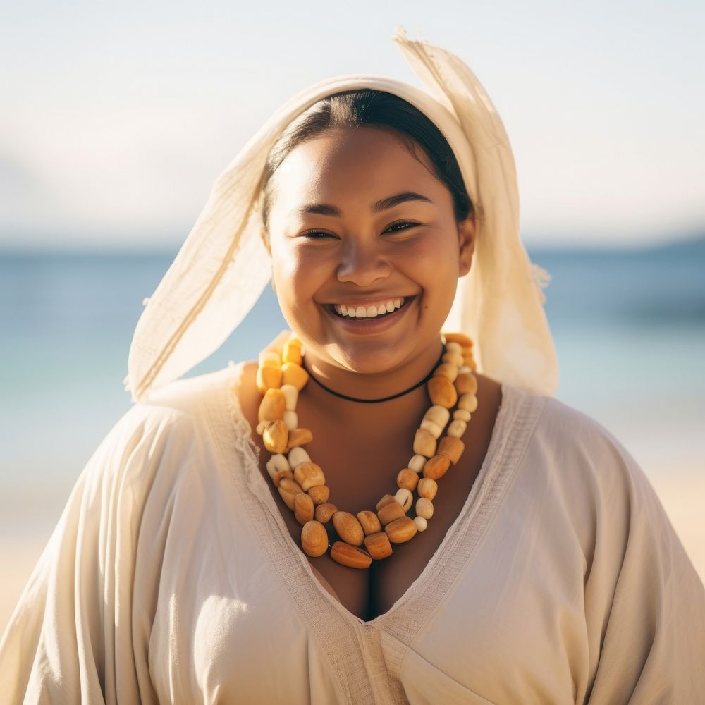 A chubby Tonga woman in happy mood tradition necklace portrait.