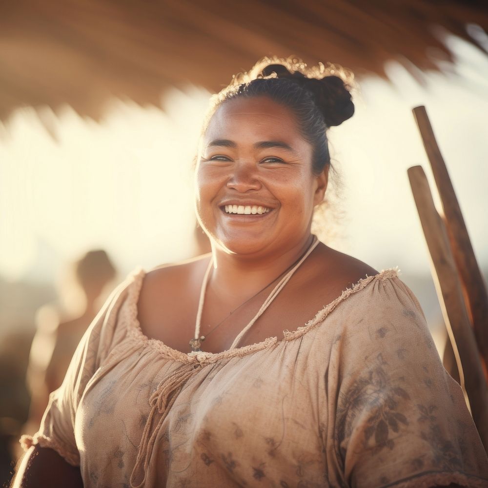A chubby Tonga woman in happy mood necklace adult smile.