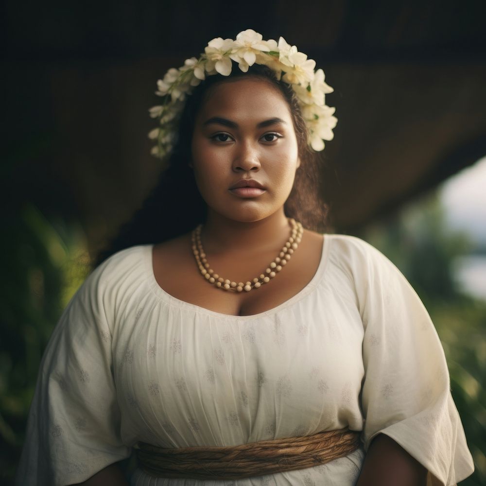 A chubby Tonga woman in traditional cloth necklace portrait jewelry.