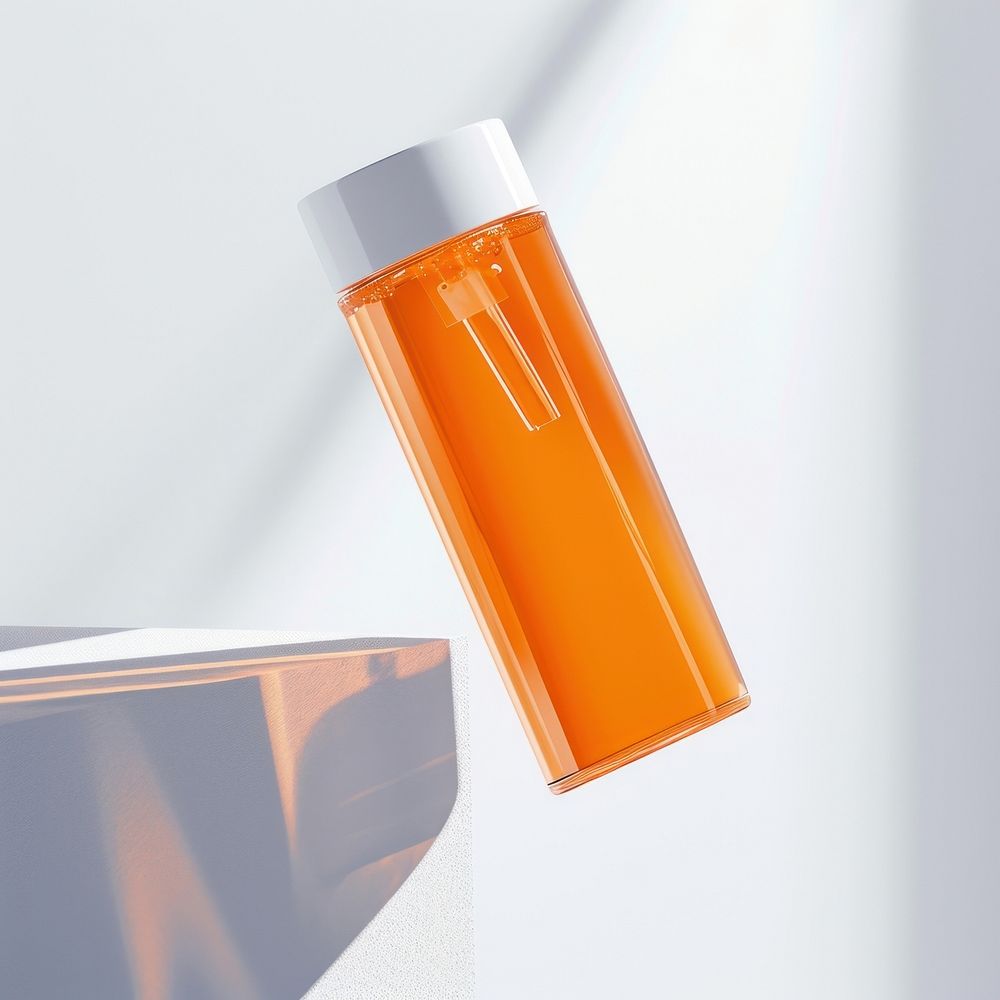 Orange clear showergel bottle refreshment laboratory medication.