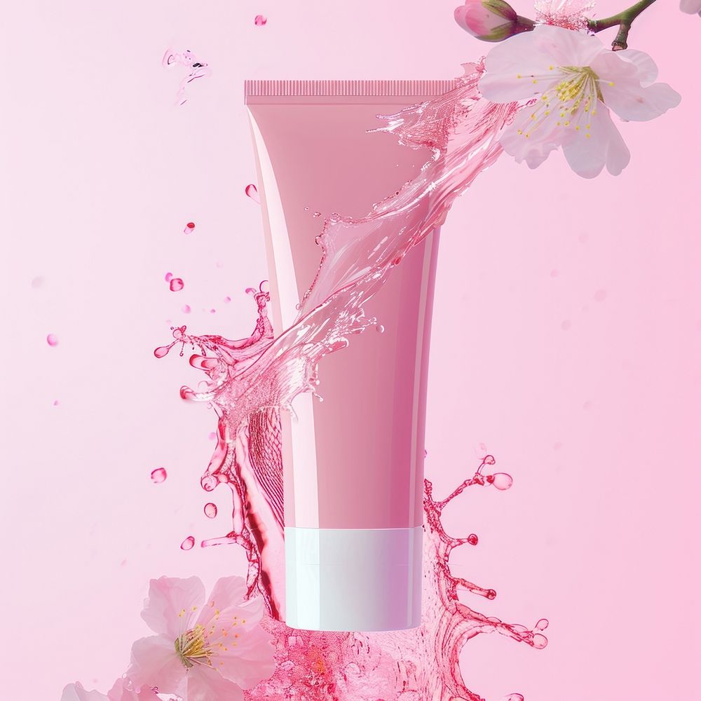Pink cleansing gel tube cosmetics blossom flower.