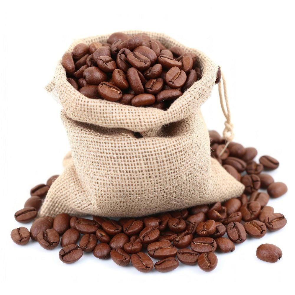 Jute sack full of coffee beans bag white background container.