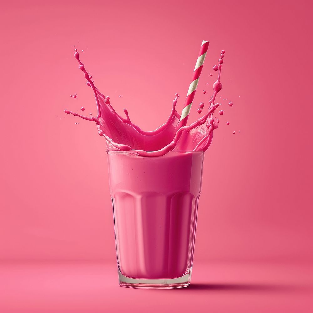 Striped straws in a glass of splashing strawberry milkshake smoothie refreshment freshness.