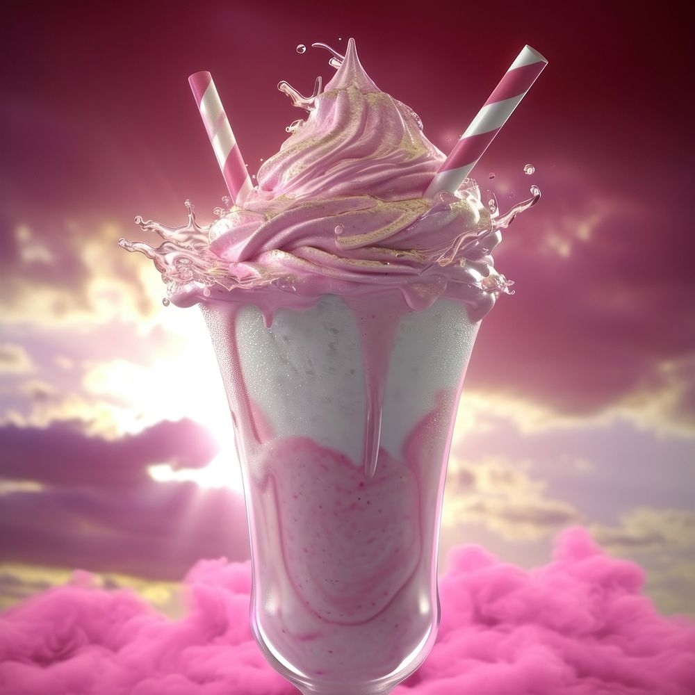 Striped straws in a glass of splashing strawberry milkshake smoothie dessert drink.