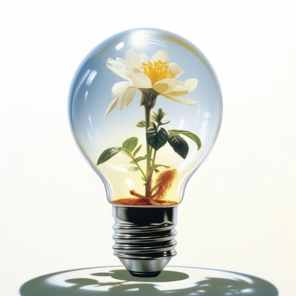 A little flower growing in the light bulb isolated on clear pale solid white background lightbulb inflorescence electricity.…