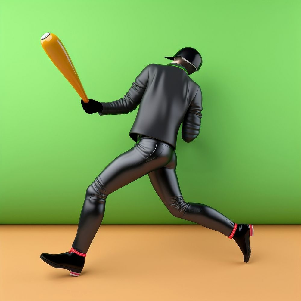A man jogging wearing black leather suit holding baseball bat cartoon sports adult. AI generated Image by rawpixel.