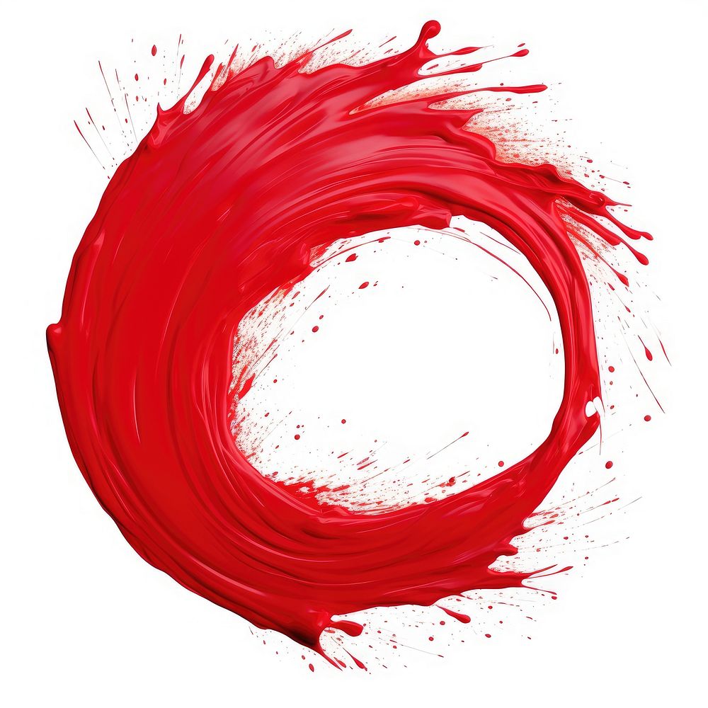 Flat red paint brushstroke in circle shape white background splattered splashing.