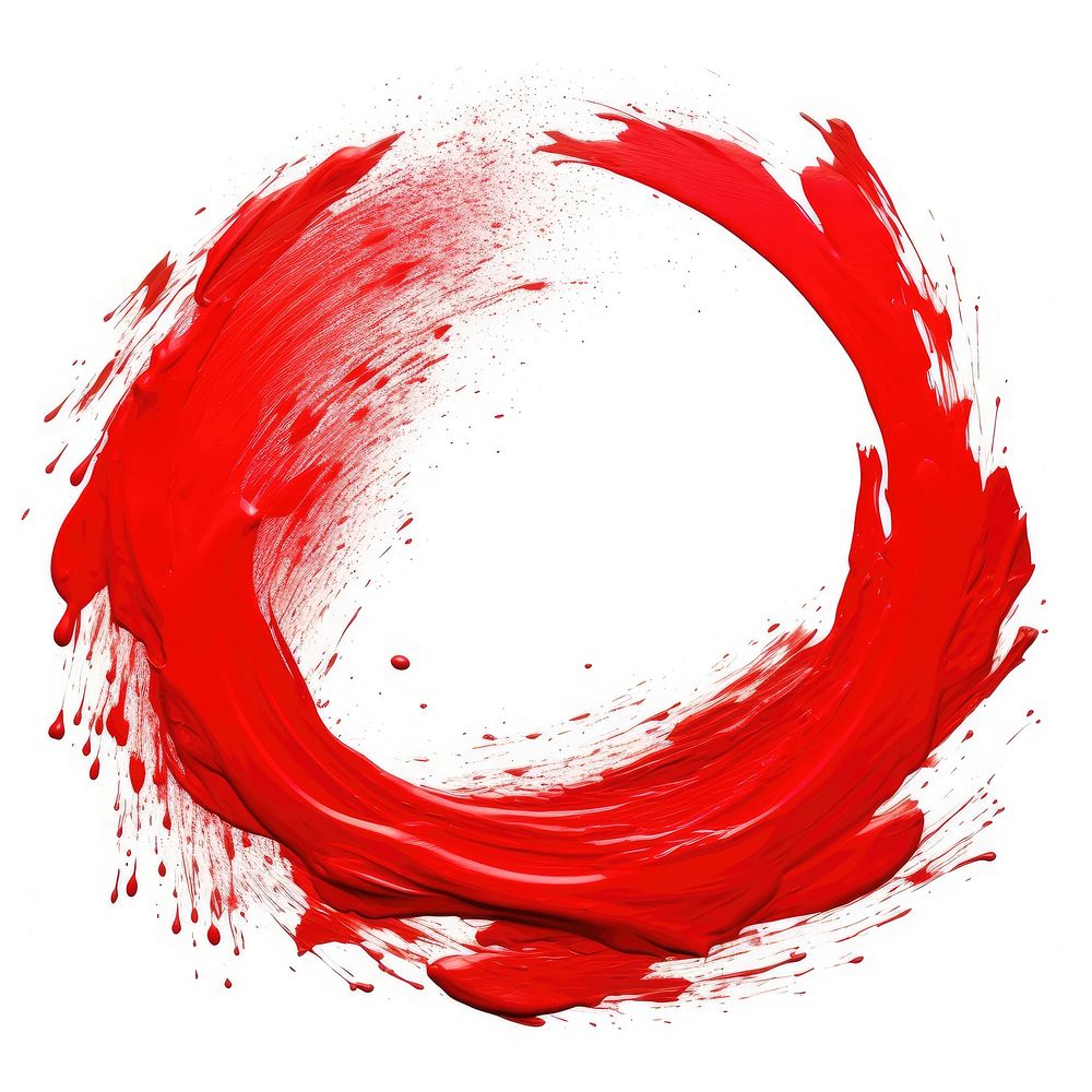 Flat red paint brushstroke in circle shape white background splattered abstract.