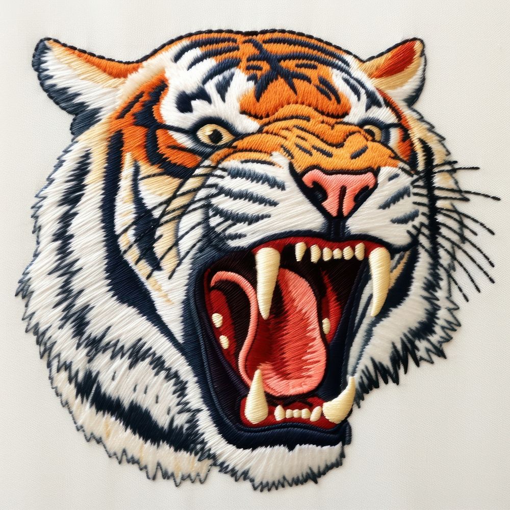Tiger roar in embroidery style animal mammal representation.