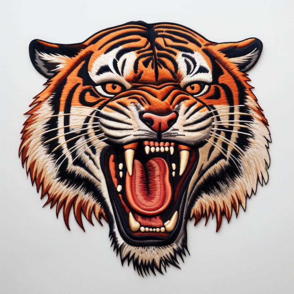 Tiger roar in embroidery style animal mammal representation.