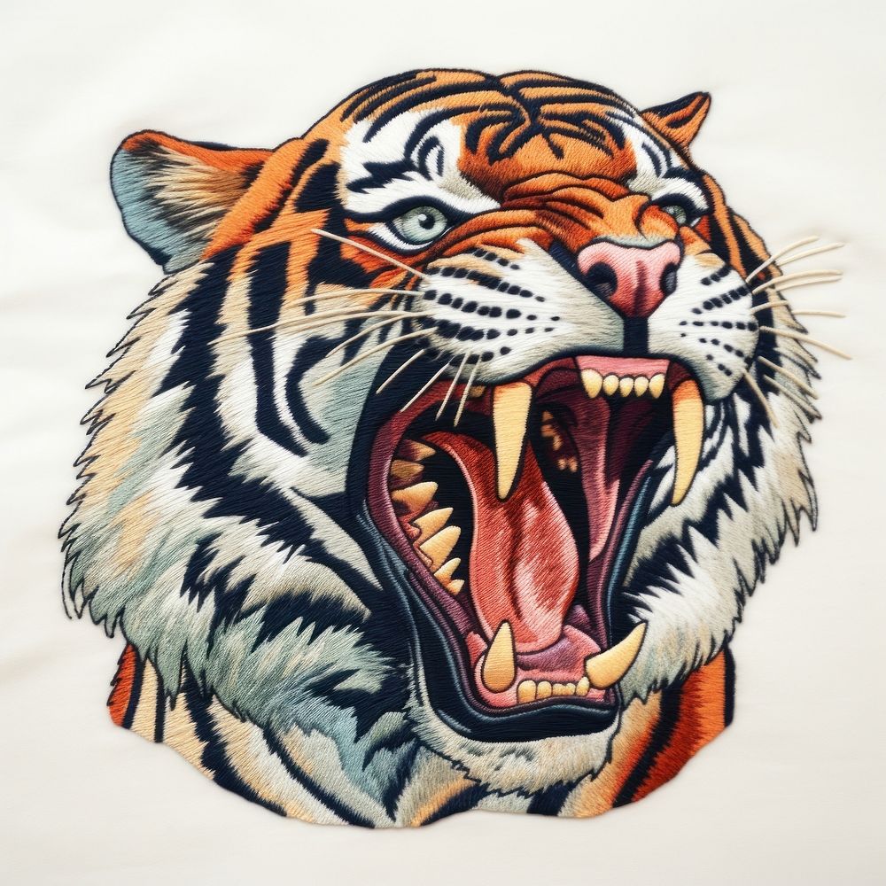 Tiger roar in embroidery style wildlife animal mammal.