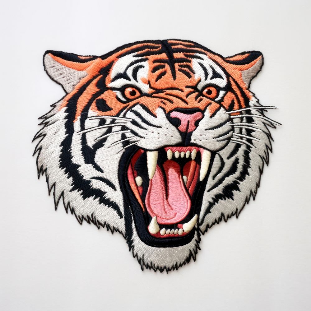 Tiger roar in embroidery style animal mammal art.